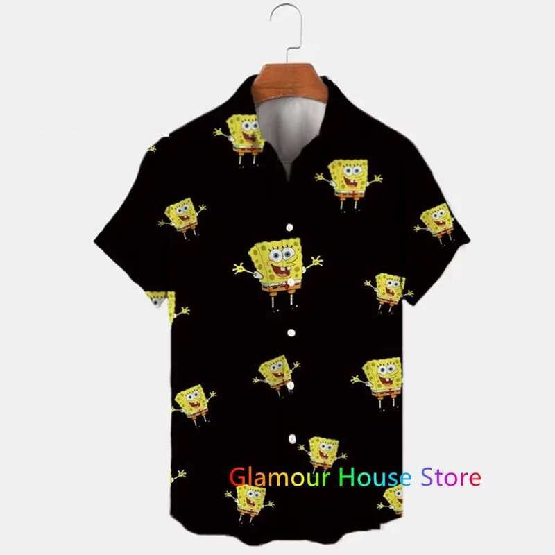 Miniso ใหม่ผู้ชายปกแขนสั้นเสื้อฮาวายฤดูร้อน Spongebob รูปแบบพิมพ์ Harajuku Casual Street Trend KIds/
