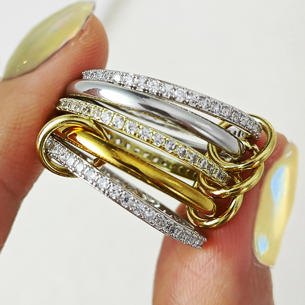 Spinelli Kilcollin แหวนสแตนเลสการออกแบบสองสี Micro Paved CZ ห้าชิ้นชุด Stackable แหวนสําหรับผู้หญิงของขวัญ Jewerly