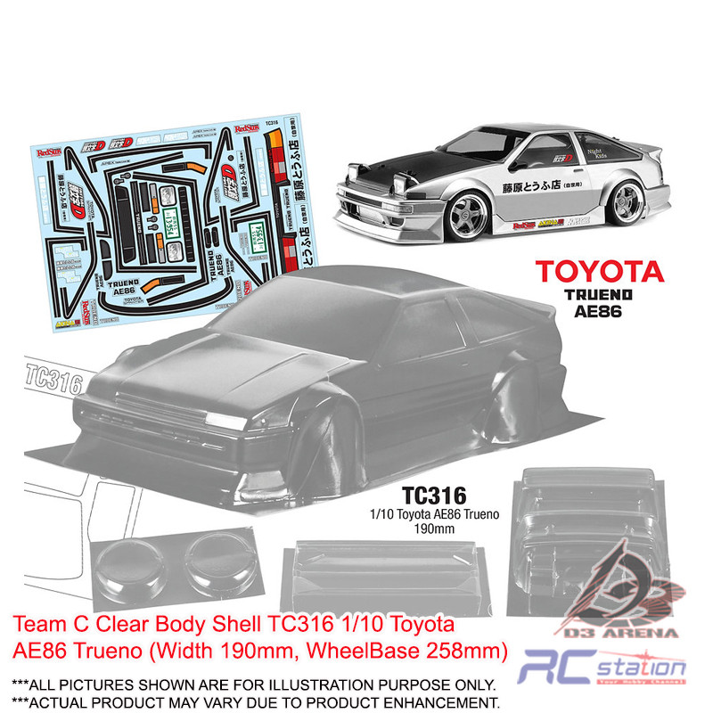 Team C Clear Body Shell TC316 1/10 Toyota AE86 Trueno (กว้าง 190mm, ฐานล้อ 258mm)