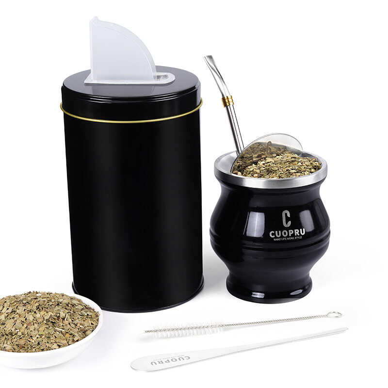 Tea CUOPRU Glass, Yerba Mate Cup 304, Free Straw, Strainer With Cleaning Brush, Stainless Steel,