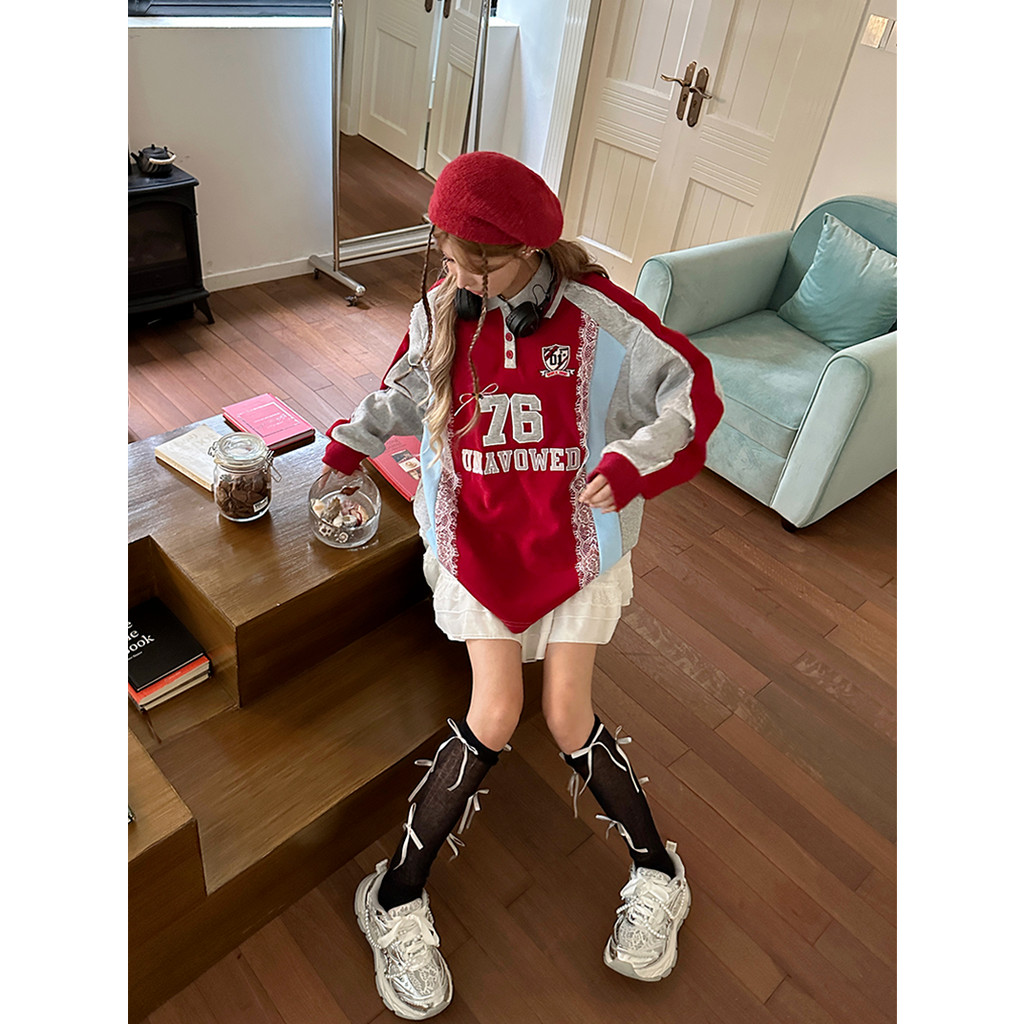Shanmieleng อเมริกัน Burgundy เสื้อโปโลลูกไม้เย็บเสื้อกันหนาวผู้หญิงฤดูใบไม้ร่วงหลวม Retro วิทยาลัยเสื้อแขนยาว