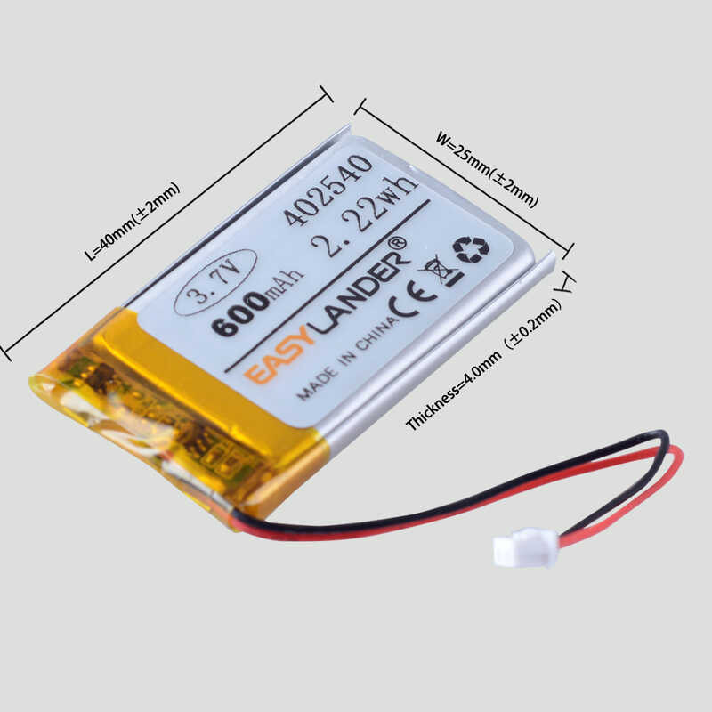 Δ Xhr-2P 1.25 มม. 3.7 โวลต์ 600 Mah 402540 แบตเตอรี่ลิเธียมโพลิเม
