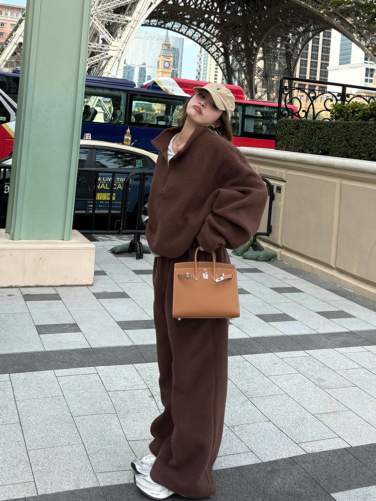 Shanmieleng ขี้เกียจขนแกะชุดผู้หญิงฤดูใบไม้ร่วงฤดูหนาวสีขาว High-End Warm Casual เสื้อกันหนาวหนากางเกงกีฬา
