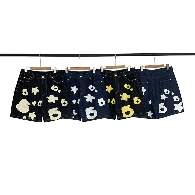 Meichao Sp5der 55555555 กางเกงยีนส์พิมพ์ลายตัวอักษรดาวห้าแฉกถนนลําลองตรงผู้ชายและผู้หญิงกางเกงขาสั้น