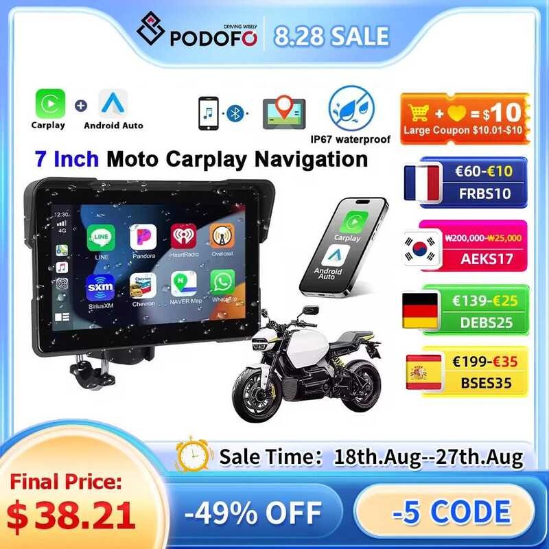 Podofo 7 Carplay นําทางอัตโนมัติ GPS รถจักรยานยนต์ DVR บลูทูธ EQ IP67 กันน้ํา Airplay Cast 12V