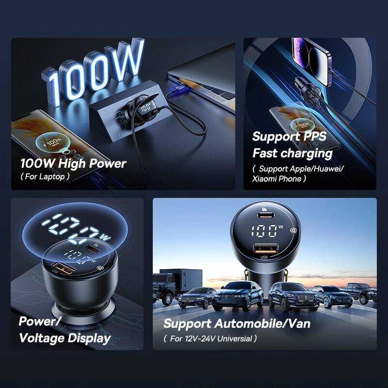 ▥ Baseus 100W Car Charger Quick Charge Qc4.0 Qc3.0 PD 3.0 Fast Chargingสําหรับiphone 16 15 14 1