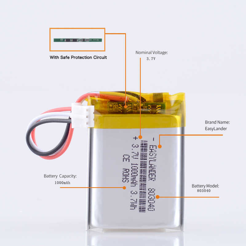 Δ JST 2.0 มม. 3 ขา 803040 1000Mah แบตเตอรี่ลิเธียมไอออนโพลิเมอ