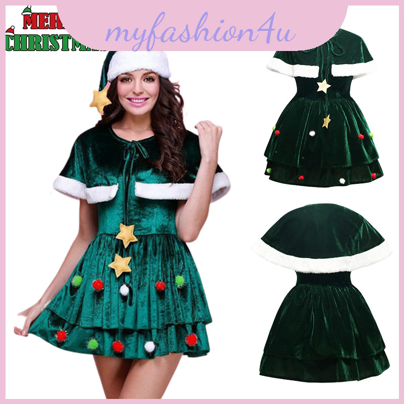 ผู้หญิงคริสต์มาสelegant Treeเครื่องแต่งกายกํามะหยี่Xmasชุดเสื้อคลุมหมวกPlusขนาดProps