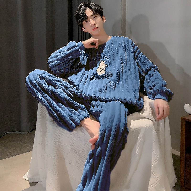 Hot Sale Flannel Pajamas Men's Winter Plus Velvet Thickened Pullover Coral Velvet Warm Autumn A