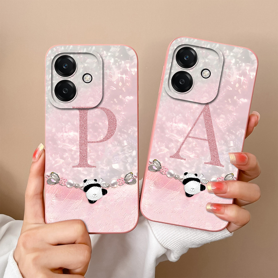 สําหรับ OPPO A3x A3s A3Pro เคสโทรศัพท์ตัวอักษรเริ่มต้นสีชมพูหวาน Panda ซิลิโคนนุ่มปกหลังทนทานสําหรับ OPPOA3s เปลือก A3 Pro กรณีกันชน Capa