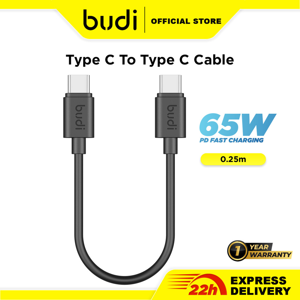 Budi Type C To Type C Short Cable 65W PD Fast Charging Usb Data Cable (25CM)