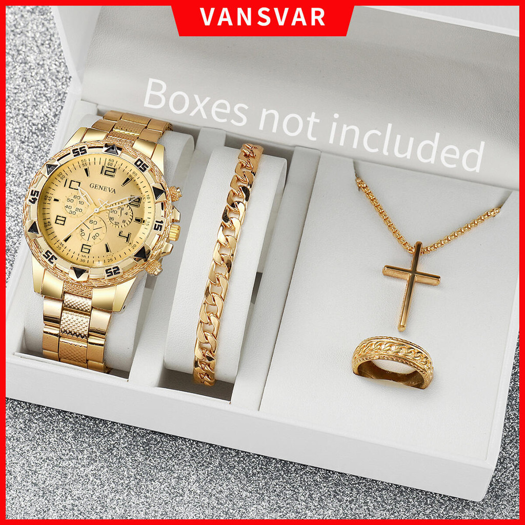 4 ชิ้น/เซ็ตแฟชั่น Big Dial นาฬิกาธุรกิจ Luxury Alloy Band นาฬิกาข้อมือควอตซ์สําหรับชายนาฬิกาเครื่องประดับชุด (พร้อมกล่อง)