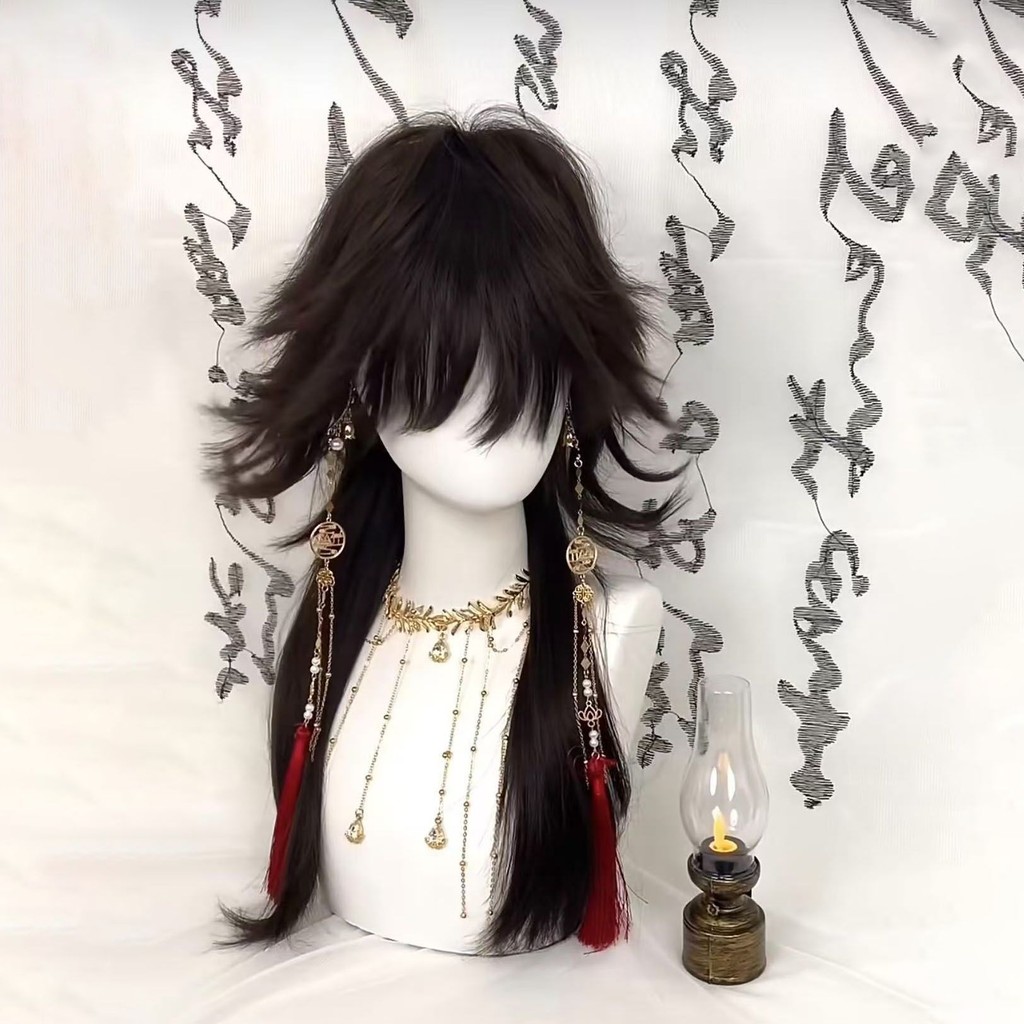 [Xufeng] วิกผม Unisex แมงกะพรุนหัวสีดําโบราณสองมิติ cos ผมยาว Samurai Head ธรรมชาติ