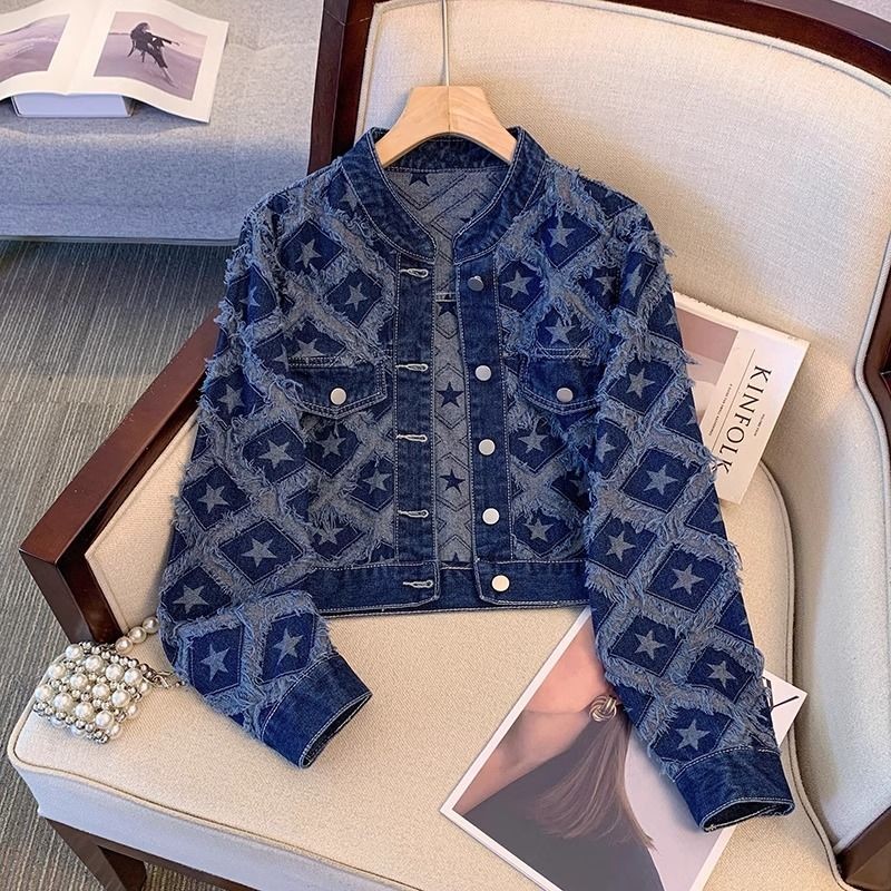 Retro Denim แจ็คเก็ตผู้หญิงสั้นสไตล์ใหม่หลวม Slimmer ดูขนาดเล็ก Heavy อุตสาหกรรมแจ็คเก็ต Top