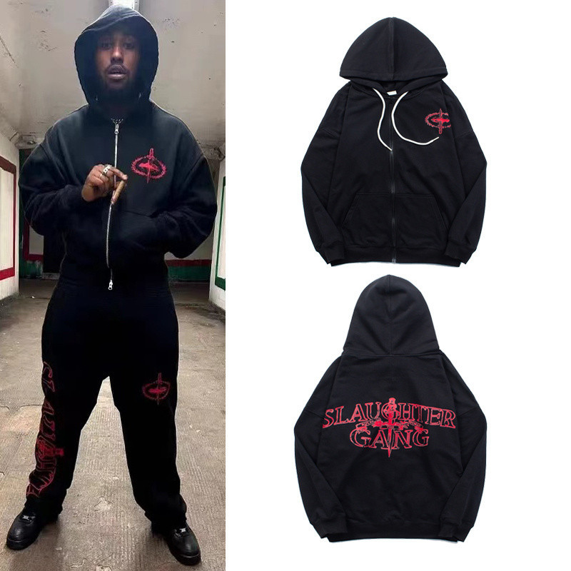 ♞,♘,♙Fashion CR6Z ผู้ชายและผู้หญิง Hoodies รูปแบบตัวอักษรสีแดง Hooded Sweatshirts เสื้อแขนยาวซิป Co