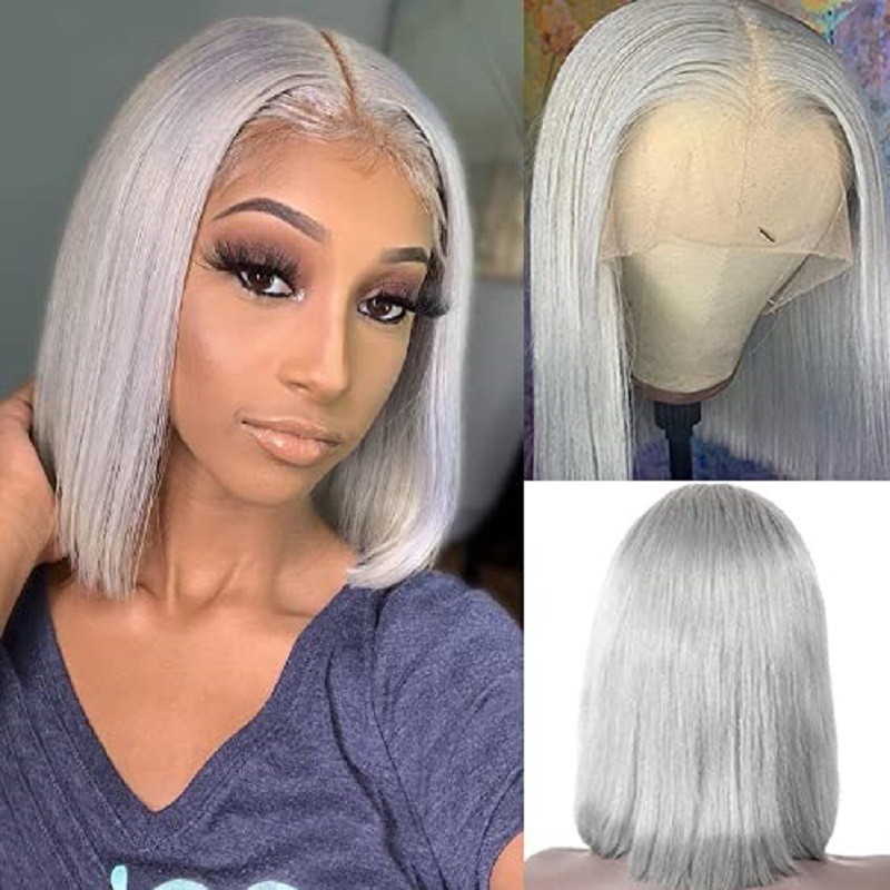 Wigs for women, gray bobo bob hair, medium split short straight hair, wigs synthetic hair cover
