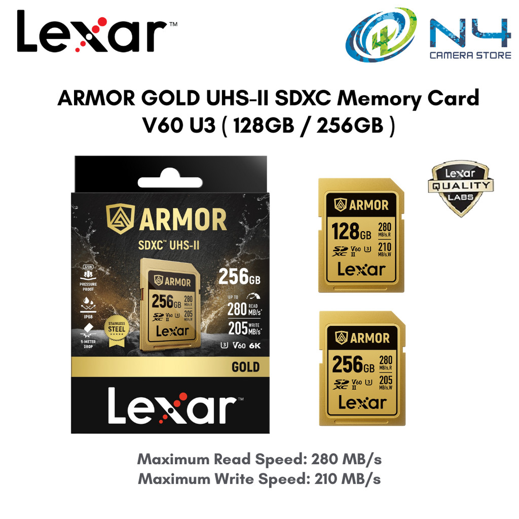 Lexar 128GB/256GB ARMOR GOLD UHS-II SDXC การ์ดหน่วยความจํา V60 U3 Class 10 อ่านสูงสุด 280 MB/s เขียน