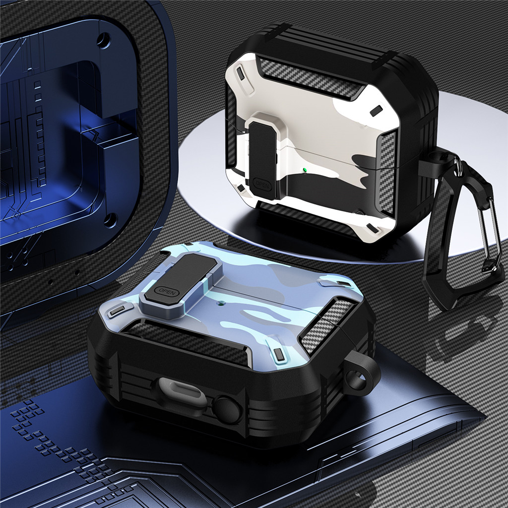 1 ชิ้นกันกระแทกหูฟังสําหรับ Samsung Galaxy Buds 3/Buds 3 Pro ลายพรางคาร์บอนไฟเบอร์รูปแบบเกราะกรณี