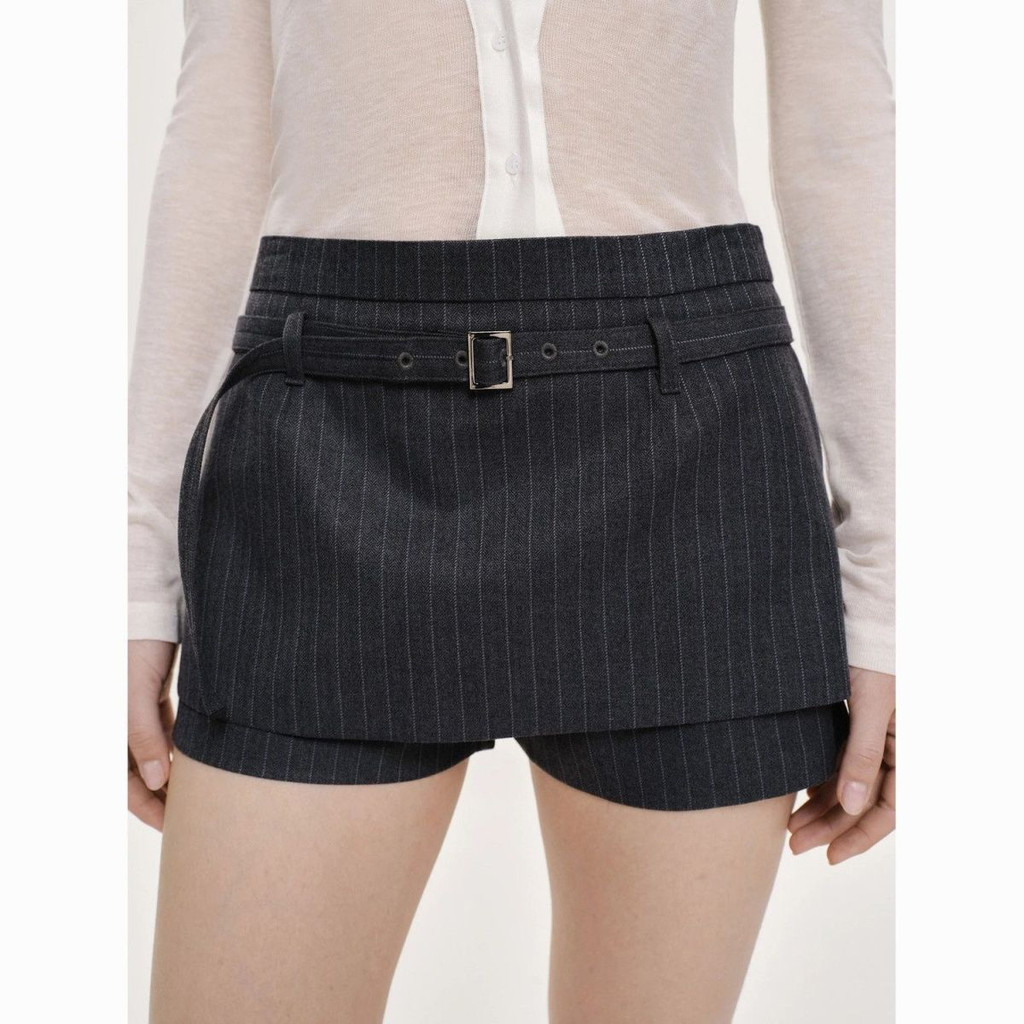Shanmieleng Retro สีเทาชุดลําลองกางเกงขาสั้น All-Match ปลอมสองชิ้น Double-Layer A-Line ลายสั้น Culot
