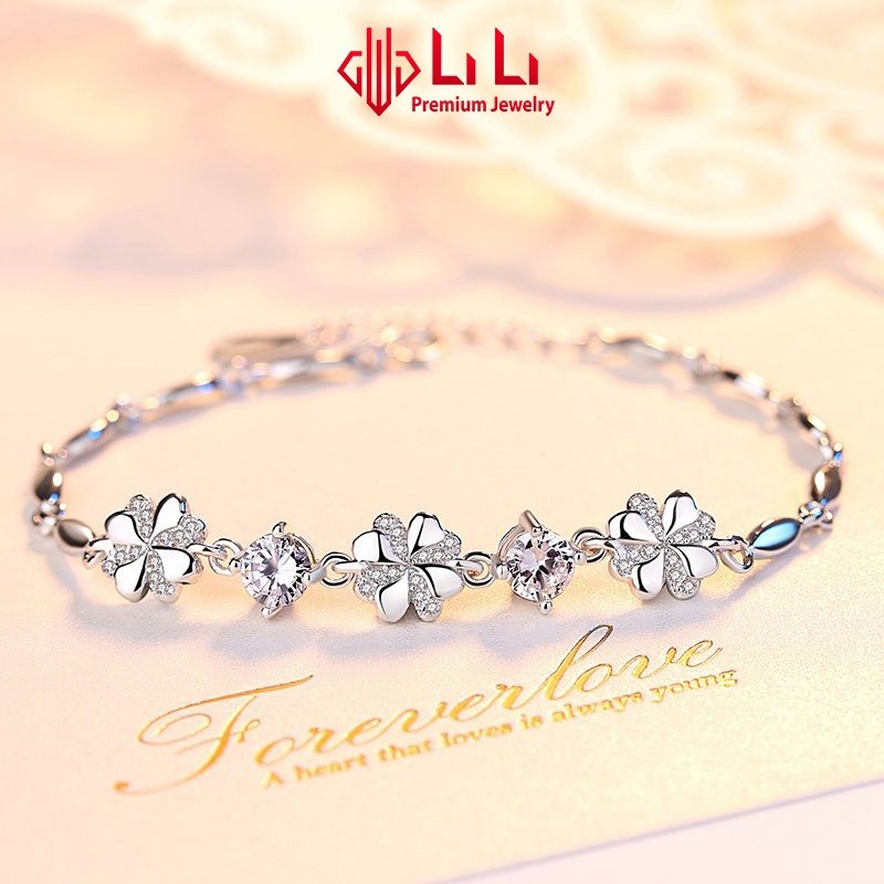 Lili S999 สร้อยข้อมือเงินผู้หญิงพร้อมหิน CZ คุณภาพสูงรูปโคลเวอร์สี่ใบนําโชค Makayla LILI_661577