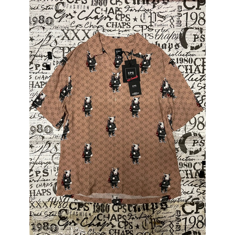 CPS CHAPS MONOGRAM BULL TERRIER SHORT SLEEVES HAWAII SHIRT LATTE BROWN SIZE S เสื้อเชิ้ตฮาวายผู้ชาย