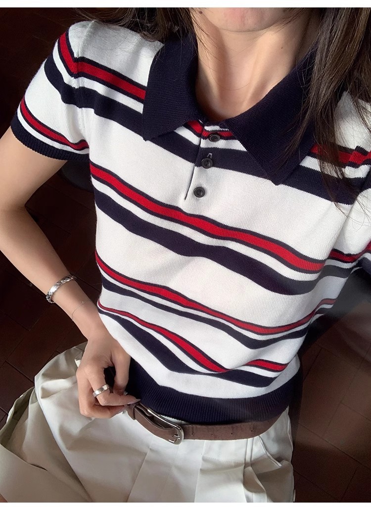 87651 เสื้อยืดแขนสั้นลายทางปกลําลอง