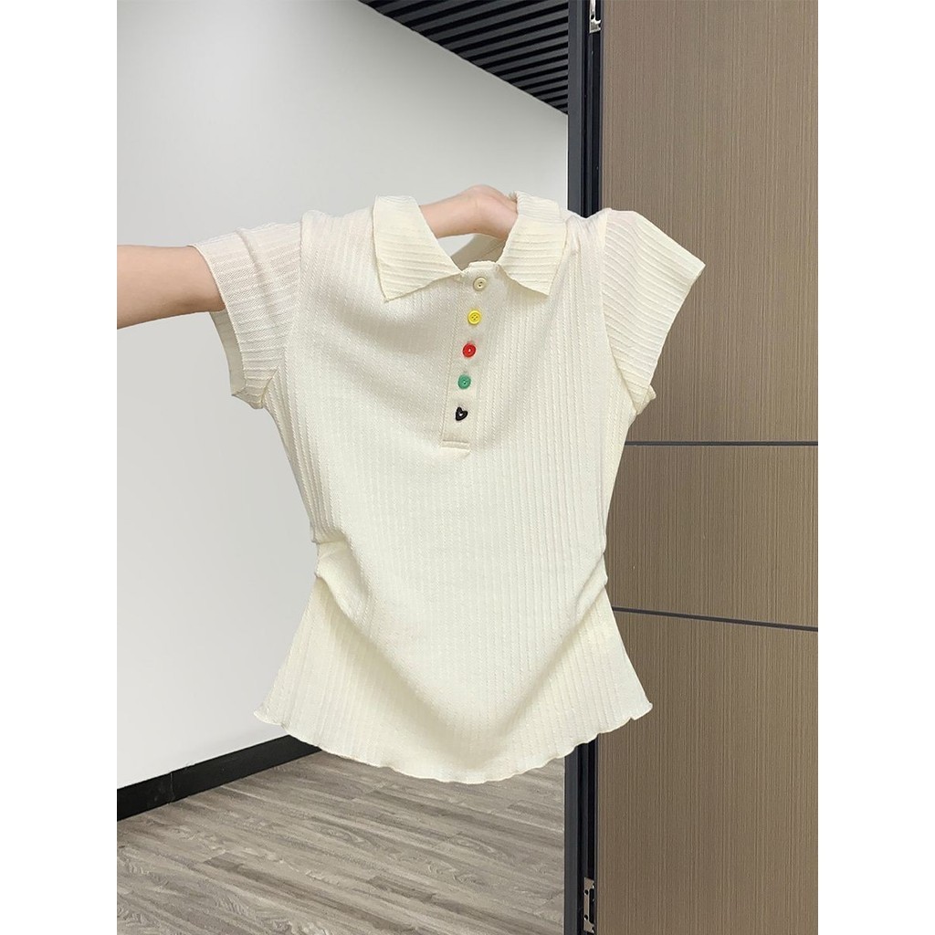 เสื้อโปโลแขนสั้นเสื้อยืดผู้หญิงฤดูร้อนปุ่มที่มีสีสันจีบแคบ-เอวขนาดเล็กสลิมฟิตบิวติ