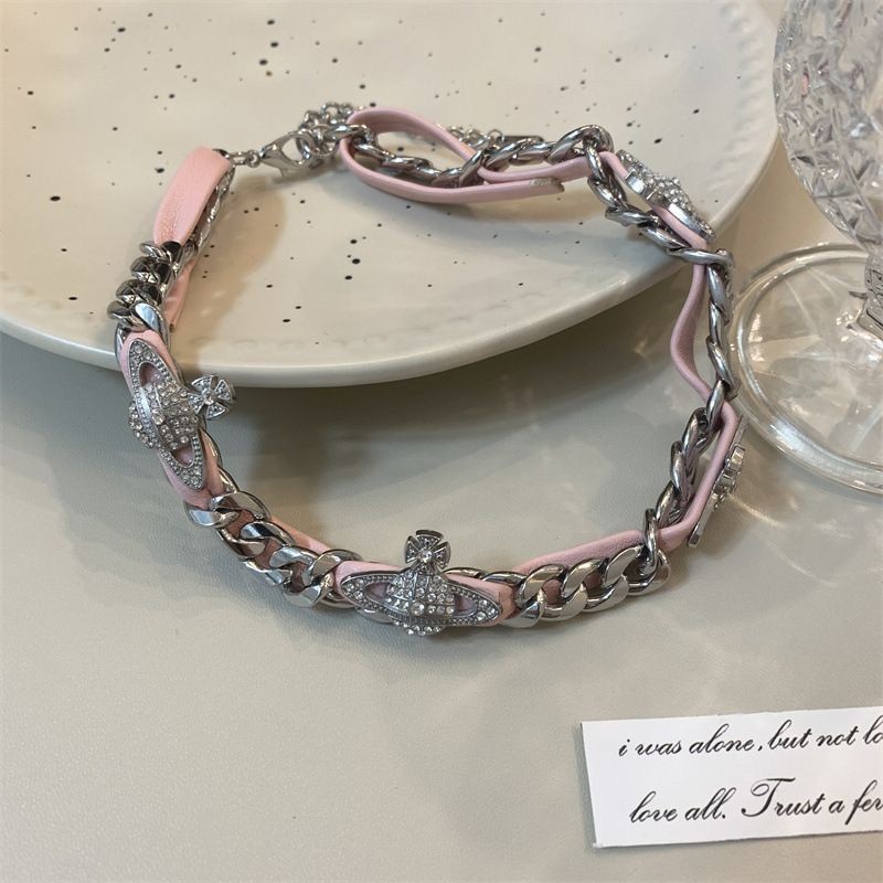 Vivienne Westwood สีชมพูสร้อยคอสร้อยคอ Choker Ins Saturn และ Hip-hop Y2k สาวร้อนบุคลิกภาพ Fa
