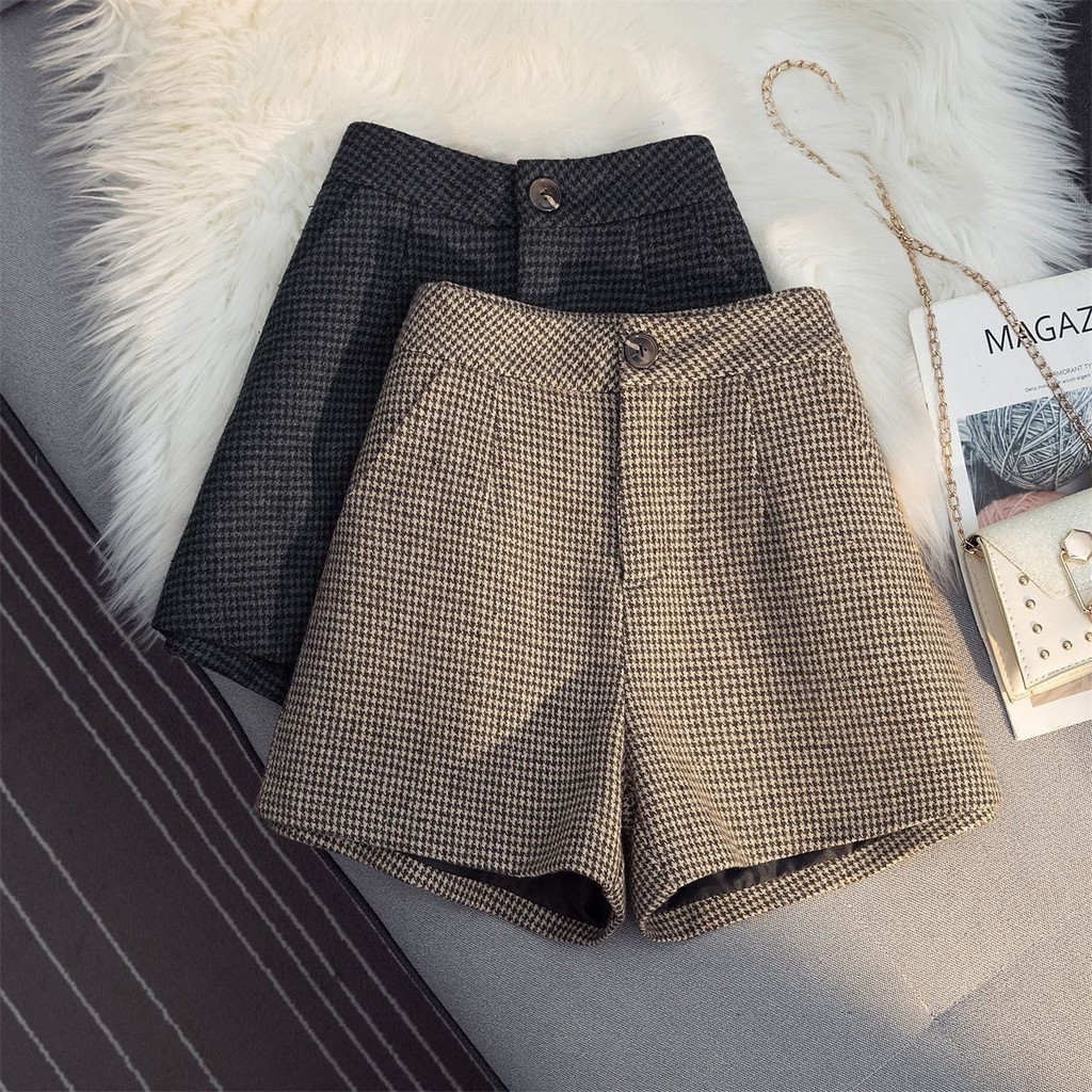 กางเกงขาสั้นทําด้วยผ้าขนสัตว์ Houndstooth ผู้หญิงสไตล์ใหม่เอวสูง a-Line กางเกงขาสั้นขากว้าง