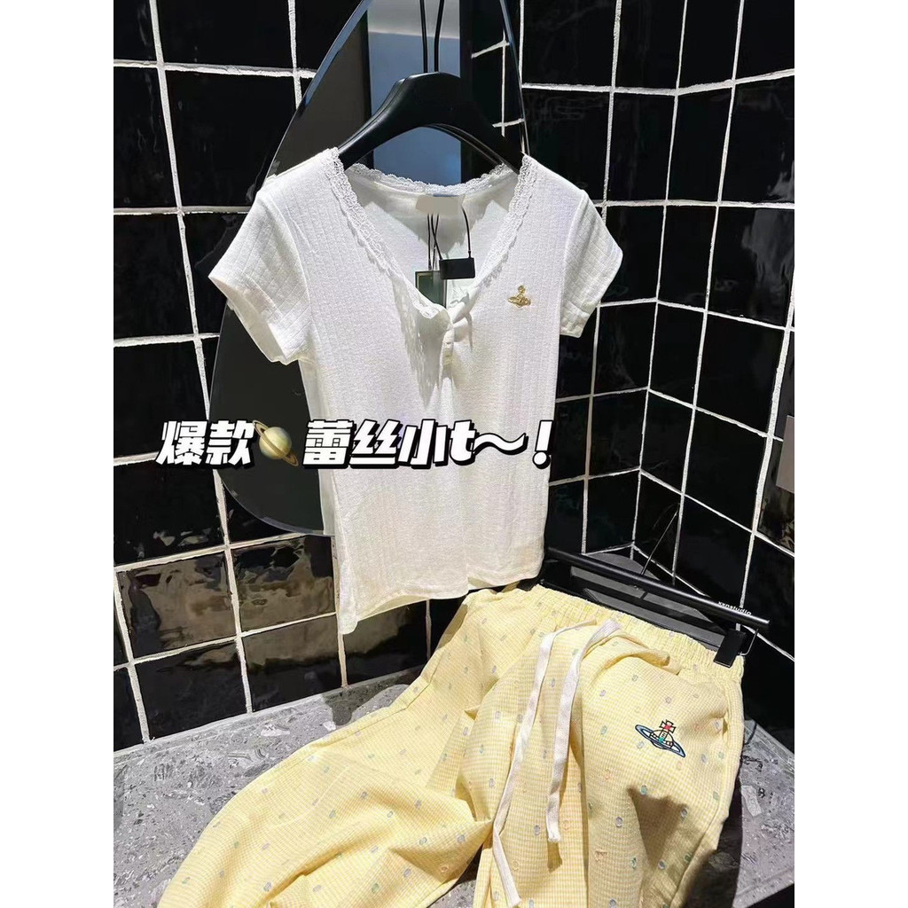 Vivienne Westwood Planet เย็บปักถักร้อยลูกไม้ปุ่มออกแบบ Energetic สาวเล็กน้อยดูผ่านแขนสั้นSlimmingหวาน