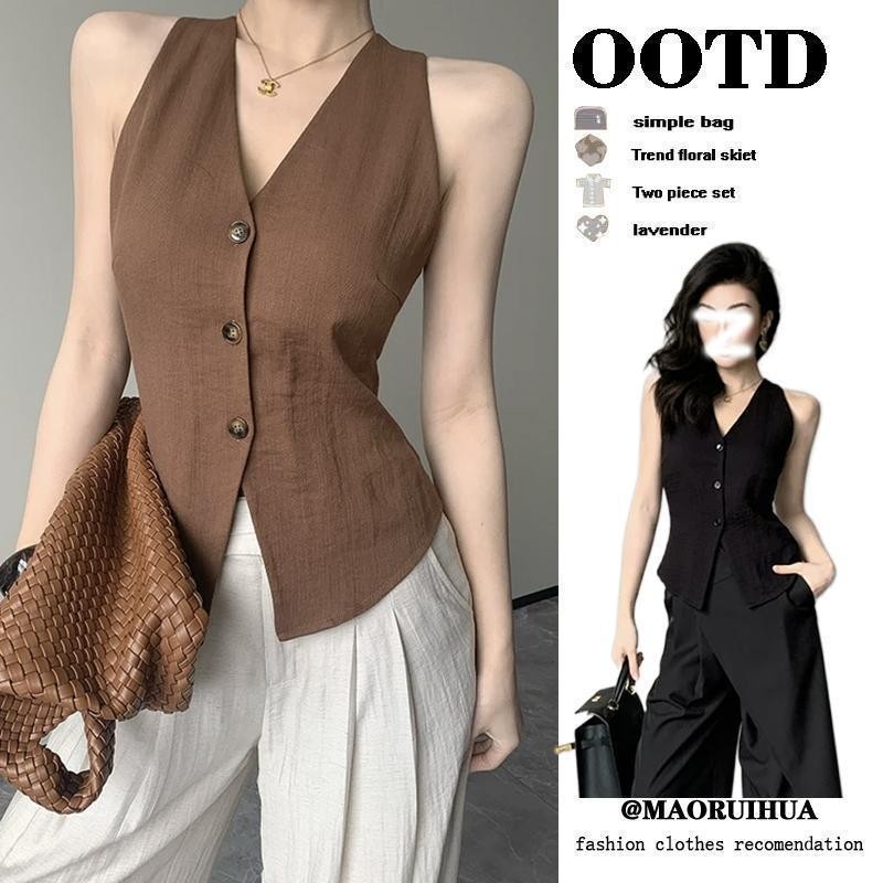 เสื้อกั๊กย้อนยุคฝรั่งเศสผู้หญิงฤดูร้อนสไตล์ใหม่สลิมฟิตออกแบบแฟชั่นเสื้อแขนกุดด้านบน