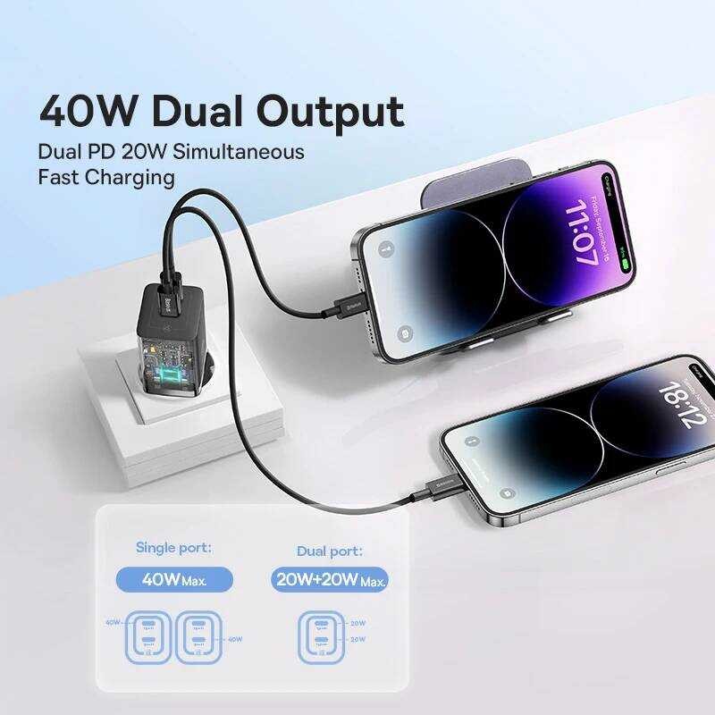 ▥ Baseus 40W GAN สำหรับ Iphone Samsung POCO Fast สำหรับแล็ปท็อปเครื่องชาร์จ USB C PD Charger