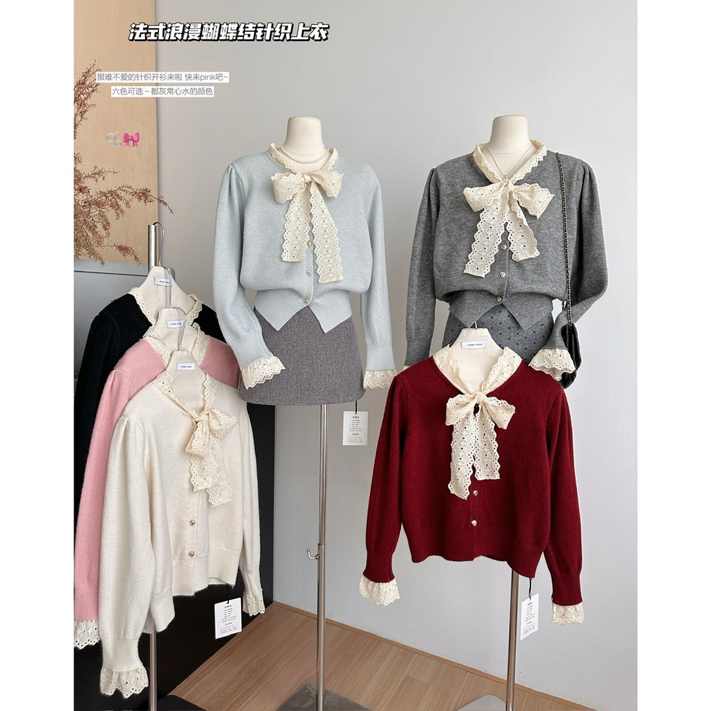 80827 Patchwork Bow Laced-Up เสื้อไหมพรมแขนยาว