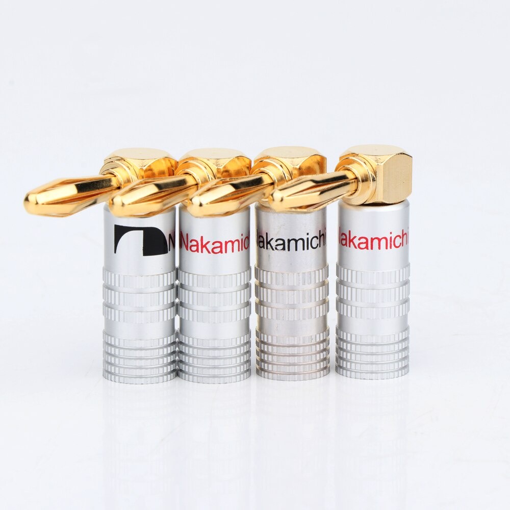 ในสต็อก 2 ชิ้น BA1428 24K Gold Plated Right Angled Nakamichi ปลั๊กกล้วยสําหรับสายเคเบิลสูงสุด 6 mm2 