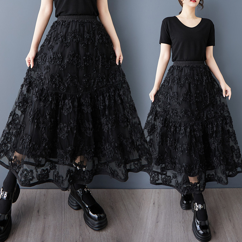 Oladivi Plus ขนาดผู้หญิง A-Line ตาข่ายกระโปรงสีดําฤดูร้อนใหม่สบายๆหลวมขนาดใหญ่ Bottoms 9115 C018