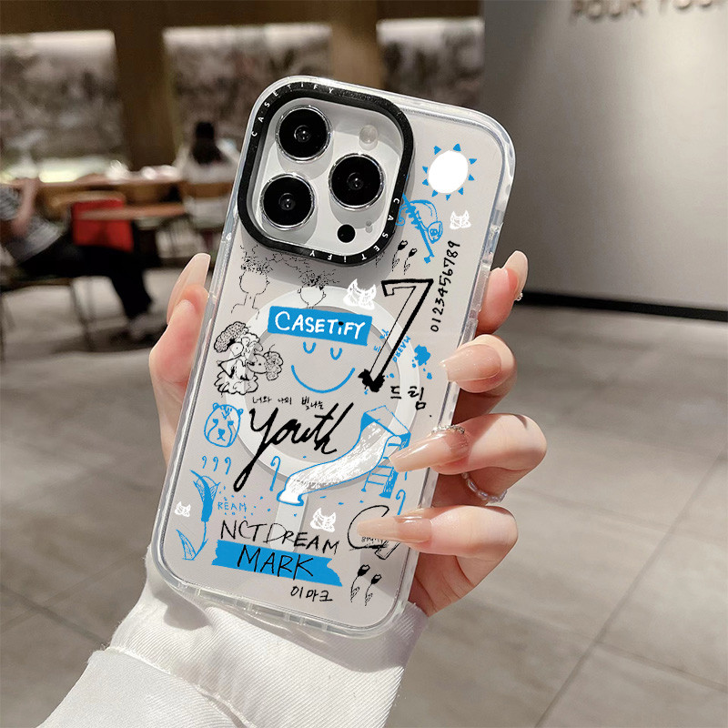 Nct DREAM MARK Blue Graffiti ไร้สายชาร์จแม่เหล็กสําหรับ IPhone 11 14 15 16 Pro Max 12 13 Pro Max ฝาครอบ 15 16 PLUS ซิลิโคนนุ่มกันชนใสกันกระแทก