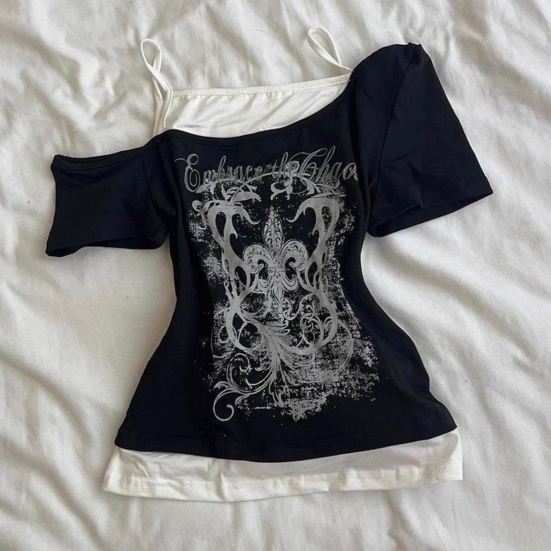 ฤดูร้อนรูปแบบใหม่ย้อนยุคสลิมฟิตออกแบบเสื้อยืดสองชิ้นปลอมแขนสั้นการพิมพ์สไตล์อเมริกัน