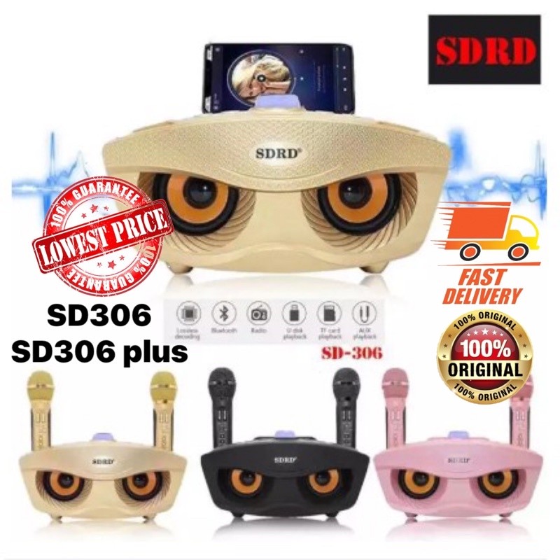 ในสต็อก 100% ต้นฉบับ SDRD SD-306 / SDRD SD 306 plus ไร้สายบลูทูธไมโครโฟนคู่บ้านคาราโอเกะลําโพงแบบพกพ