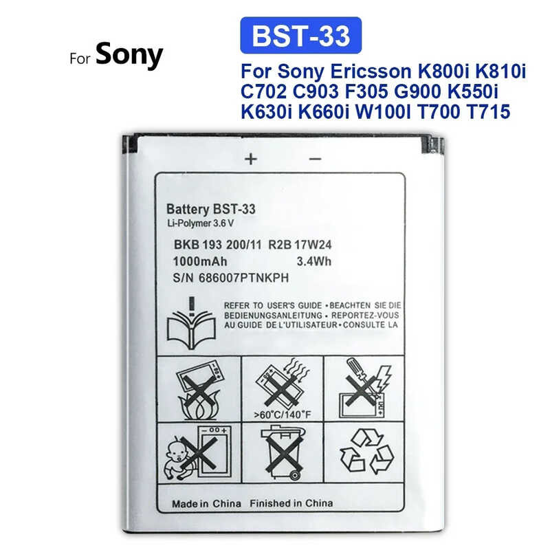 BST-33 แบตเตอรี่ For Sony Ericsson K800i K810i C702 C903 F305 G900 K550i K630i K660i W100I T700 T715