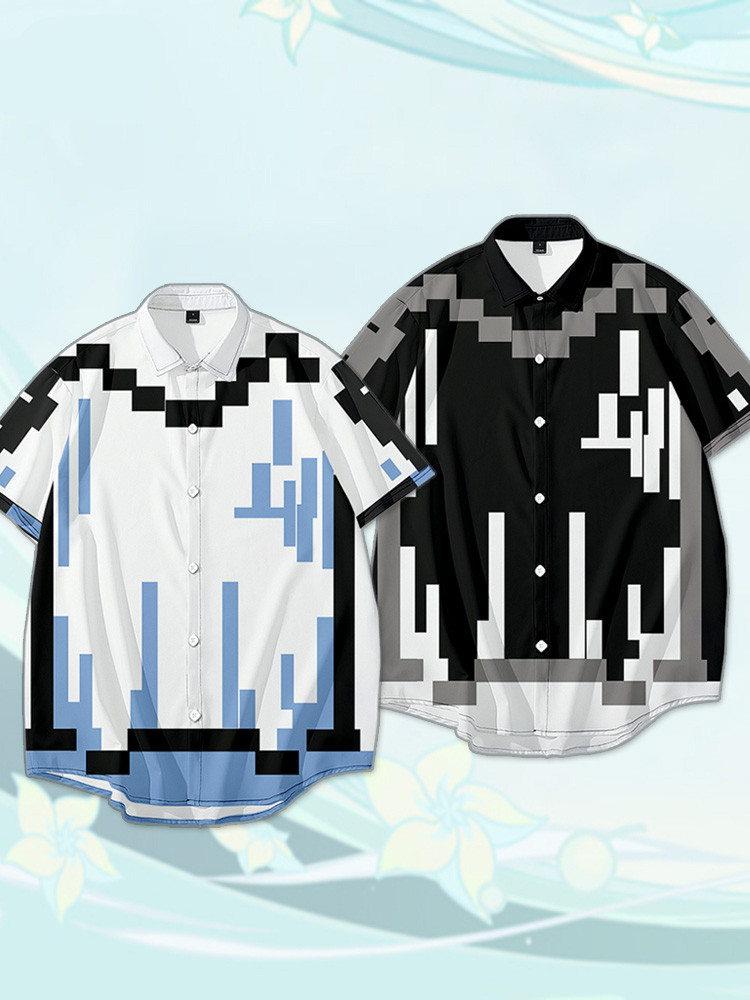 เสื้อเชิ้ตแขนสั้นสไตล์พิกเซลโมเสคสําหรับผู้ชายและผู้หญิงเสื้อลําลองอินเทรนด์ฤดูร้อนหลวมแบรนด์อินเทรนด์เสื้อผ้าเฉพาะกลุ่มการปรับแต่ง
