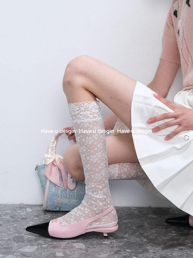 มี u desgin Spring Summer Pure Desire Niche Thin ถุงเท้าลูกวัวสีขาวลูกไม้หญิงโปร่งใสเล็กน้อย
