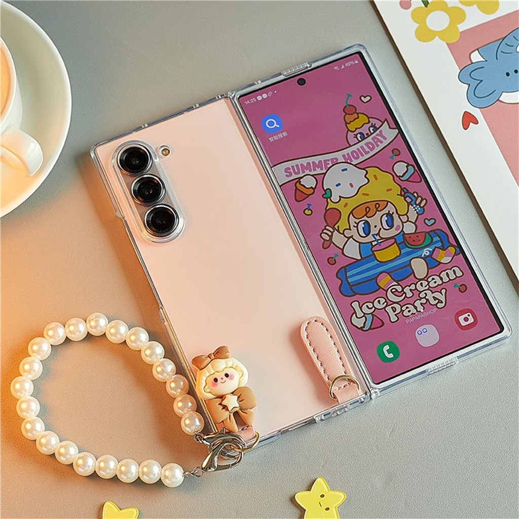 SAMSUNG เกาหลีน่ารักสาวโบว์ใสเคสโทรศัพท์พร้อมสร้อยข้อมือมุกสําหรับsamsung Galaxy Zพับ 5 6 Z Fold5 Fliold3 Fold4 Fold6 ฝาครอบ