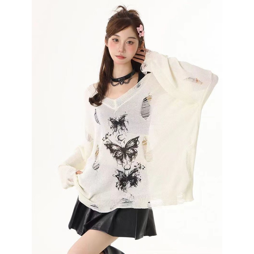 สาวร้อนกราฟฟิตีผีเสื้อกลวงสไตล์ใหม่แขนยาวฤดูร้อนเสื้อถักขี้เกียจหลวมทุกการแข่งขันเสื้อถักด้านบน - รูปที่ 7