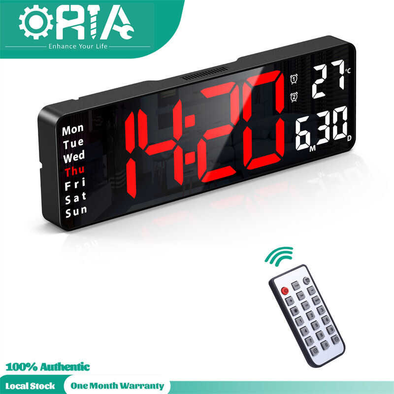 Digital ORIA Wall Remote 13" Large Display LED Alarm Time Date Temp Week, Desk Clock With Countdo