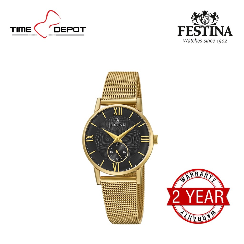 ในสต็อก Festina F20573/4 นาฬิกาสายสแตนเลสสีทองอะนาล็อกสําหรับผู้หญิง