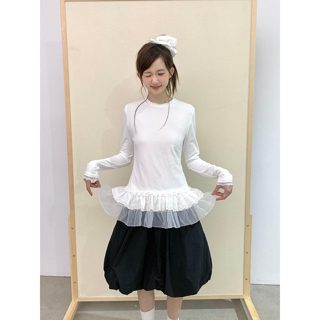 Shanmieleng Double-Layer Lace Long-Sleeved T-Shirt Top ฤดูใบไม้ร่วงฤดูหนาวหวานประณีต All-Match Design Feeling ภายใน Lay