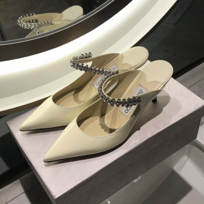 6.5ซม. Jimmy Chooรองเท้าแตะส้นสูงส้นกลางStilettoสีขาวSheepskinคริสตัลปุ่มแฟชั่นเกาหลีรุ่นรองเท้าแตะ