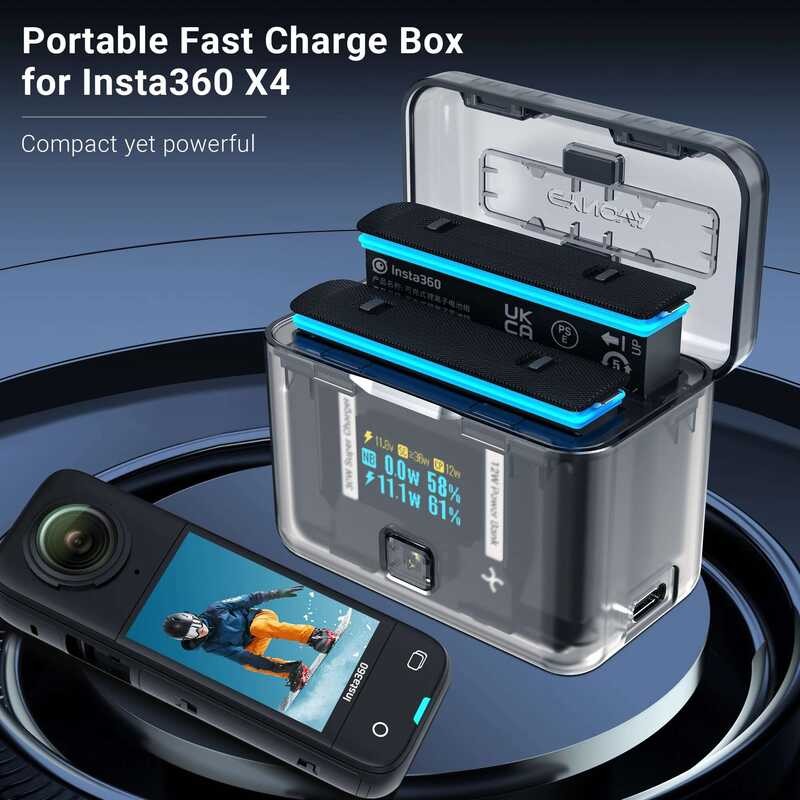 ▥ CYNOVA สําหรับ Insta360 X4 แบตเตอรี่ Charger แบบพกพาชาร์จ & การ์ดหน่วยความจํากล่อง 2-Way CHAR