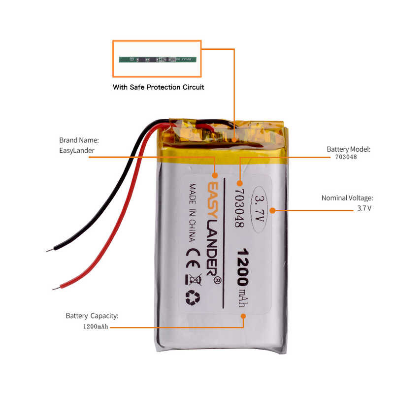Δ 703048 3.7 โวลต์ 1200 มิลลิแอมป์ชั่วโมงแบตเตอรี่ลิเธียม