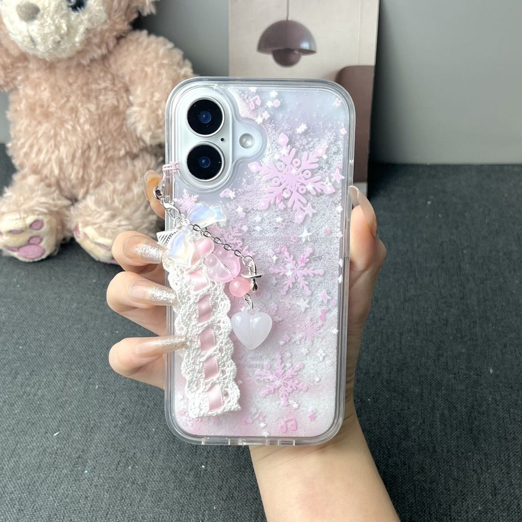 เหมาะสําหรับ IPhone 11/12/13 ProMax Anti Drop X/XR/XSMAX ใหม่เคสโทรศัพท์ Apple 7/8 Plus Soft Case IPhone 14/15 Pro ฤดูหนาวไหลทรายเกล็ดหิมะสีชมพู